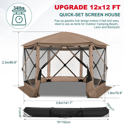 HOTEEL 12' x 12' Portable Pop-Up Outdoor Camping Gazebo, Screen Room with Mosquito Nettings, Waterproof, UV, Hub Tent Instant Screened Tent Canopy Shelter with Ground Stakes & Carry Bag, Beige