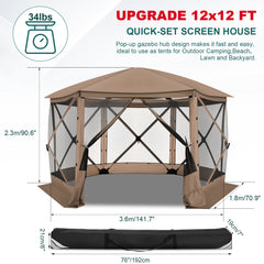HOTEEL 12' x 12' Portable Pop-Up Outdoor Camping Gazebo, Screen Room with Mosquito Nettings, Waterproof, UV, Hub Tent Instant Screened Tent Canopy Shelter with Ground Stakes & Carry Bag, Beige