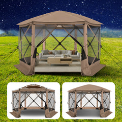 HOTEEL 12' x 12' Portable Pop-Up Outdoor Camping Gazebo, Screen Room with Mosquito Nettings, Waterproof, UV, Hub Tent Instant Screened Tent Canopy Shelter with Ground Stakes & Carry Bag, Beige