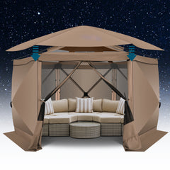 HOTEEL 12x12ft Camping Gazebo Screen Tent, 6 Sided Pop-up Canopy Shelter Tent with Mesh Windows, Portable Carry Bag, Stakes, Waterproof, UV 50+, Large Shade Tents for Outdoor Camping, Backyard, Beige