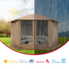 HOTEEL 12x12ft Camping Gazebo Screen Tent, 6 Sided Pop-up Canopy Shelter Tent with Mesh Windows, Portable Carry Bag, Stakes, Waterproof, UV 50+, Large Shade Tents for Outdoor Camping, Backyard, Beige
