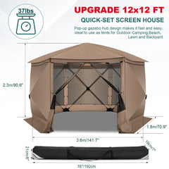 HOTEEL 12x12ft Camping Gazebo Screen Tent, 6 Sided Pop-up Canopy Shelter Tent with Mesh Windows, Portable Carry Bag, Stakes, Waterproof, UV 50+, Large Shade Tents for Outdoor Camping, Backyard, Beige