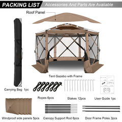 HOTEEL 12x12ft Camping Gazebo Screen Tent, 6 Sided Pop-up Canopy Shelter Tent with Mesh Windows, Portable Carry Bag, Stakes, Waterproof, UV 50+, Large Shade Tents for Outdoor Camping, Backyard, Beige