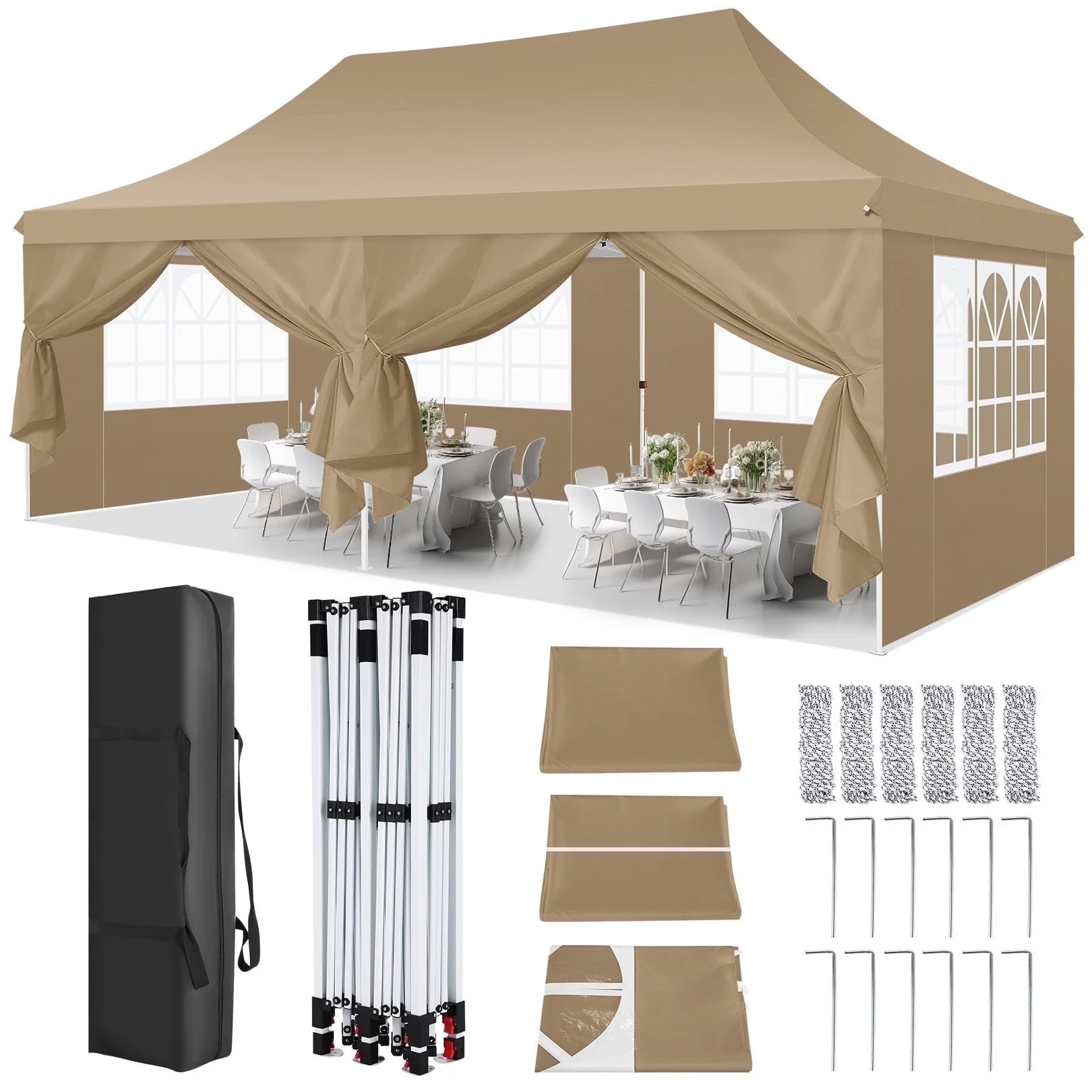 HOTEEL 10'x20' Pop up Canopy Tent with 6 Removable Sidewalls, Instant Outdoor Canopy Shelter with Upgrade Raised Roof and Carry Bag,Black