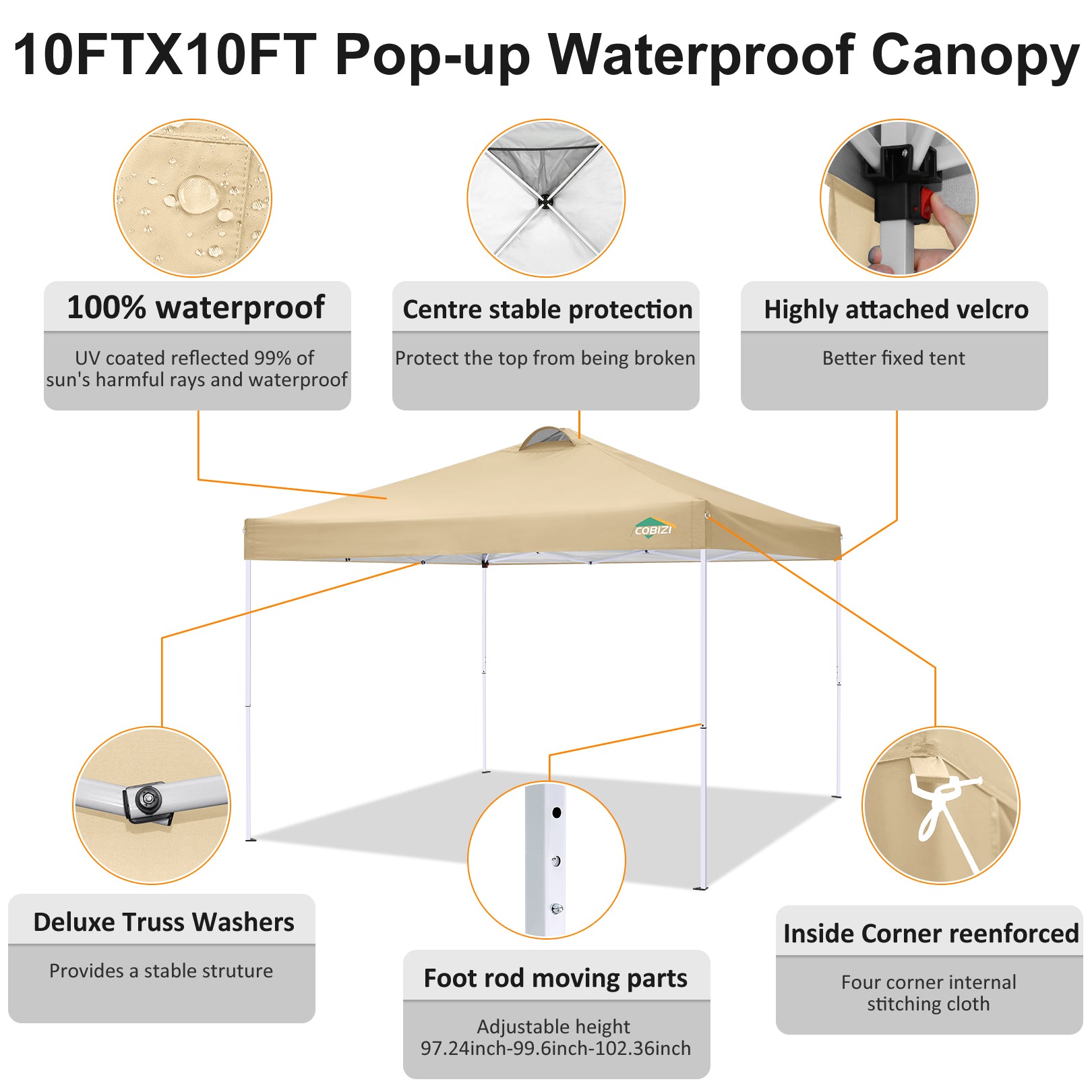 COBlZI 10'x10' Ez Pop Up Canopy Tent with 4 Sidewalls,Commercial Instant Gazebo Tents with 4 Sand Bags & 8 Stakes,Outdoor Patio Canopy for Parties,Backyard£¨Khaki)