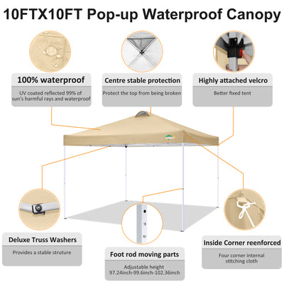 COBlZI 10'x10' Ez Pop Up Canopy Tent with 4 Sidewalls,Commercial Instant Gazebo Tents with 4 Sand Bags & 8 Stakes,Outdoor Patio Canopy for Parties,Backyard£¨Khaki)