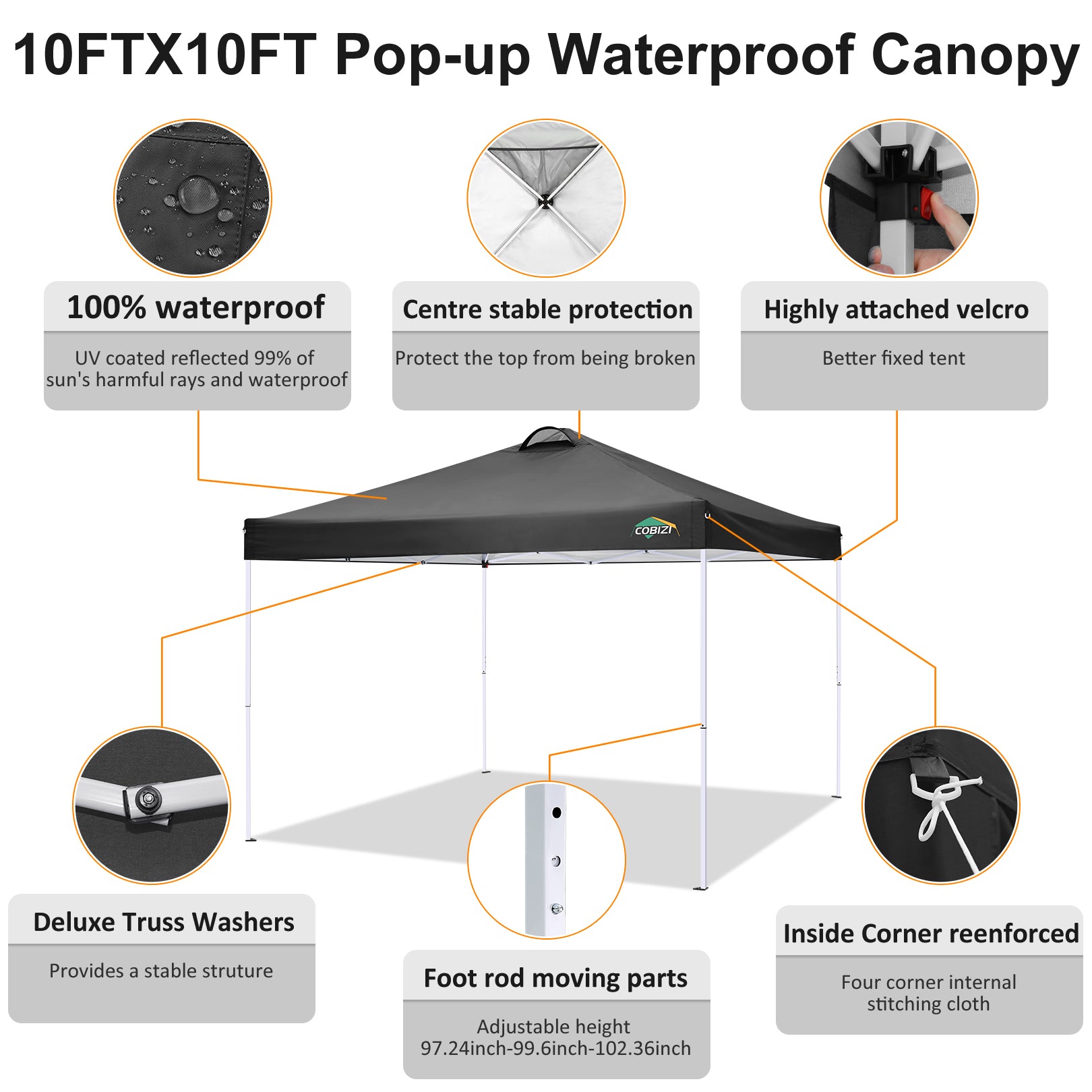 COBIZI Pop Up Canopy Shade Waterproof Tent 10'x10' With Sidewalls Vent SPC201