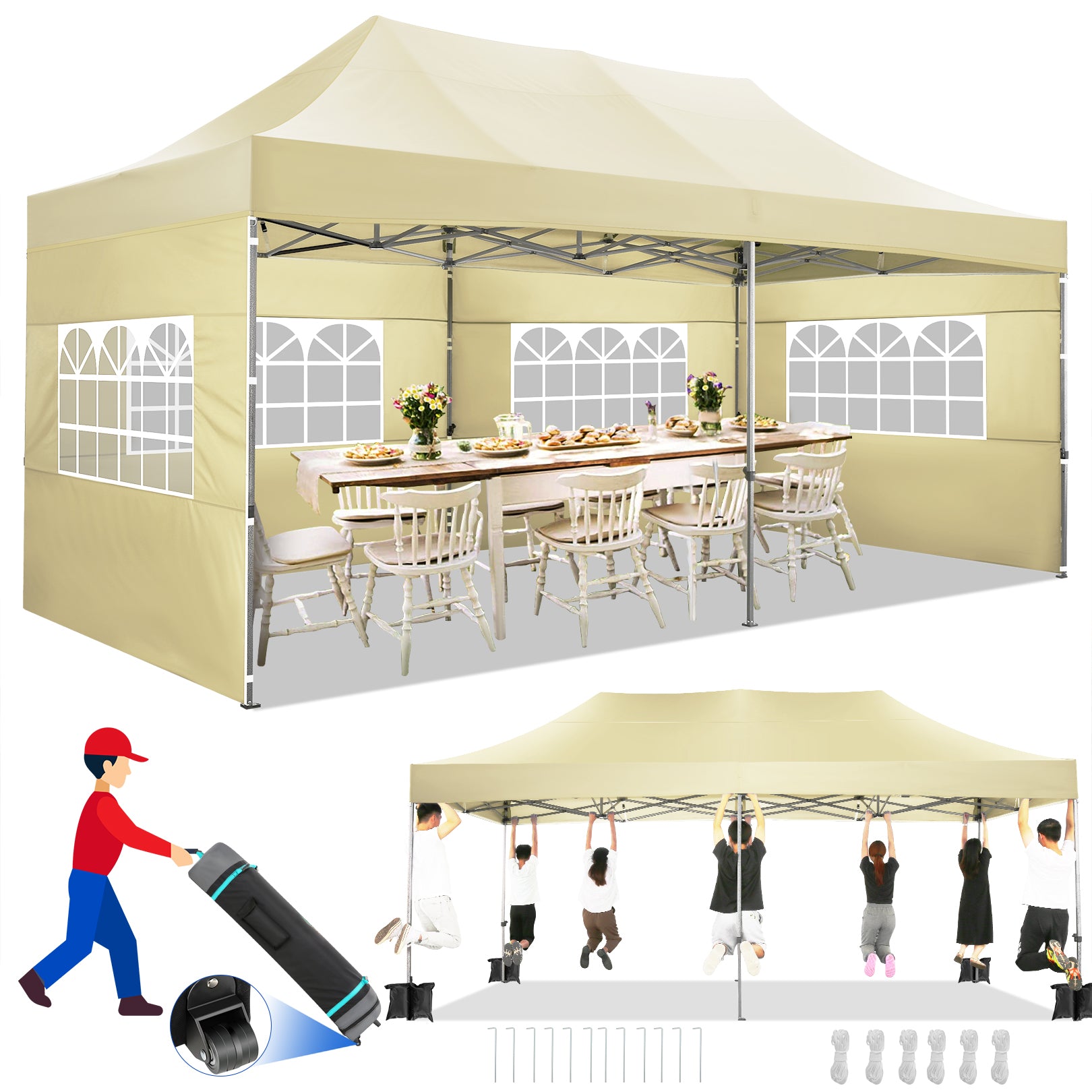 COBIZI 10x20 Pop up Canopy with 6 sidewalls Commercial Heavy Duty Canopy UPF 50+ All Weather Waterproof Outdoor Wedding Party Tents Gazebo with Roller Bag, Black