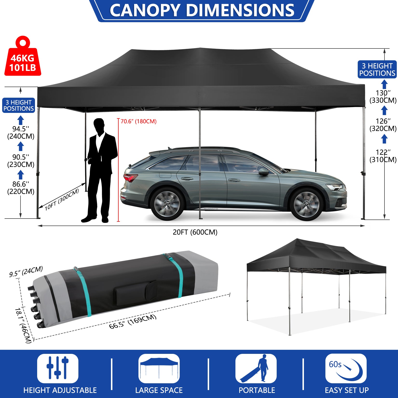 COBIZI 10'x20' Heavy Duty Pop up Canopy EZ Commercial Outdoor Tent Portable Party Wedding Instant Canopy Shelter All Season Anti-UV Waterproof Tent Gazebo with 6 Removable Sidewalls, Roller Bag