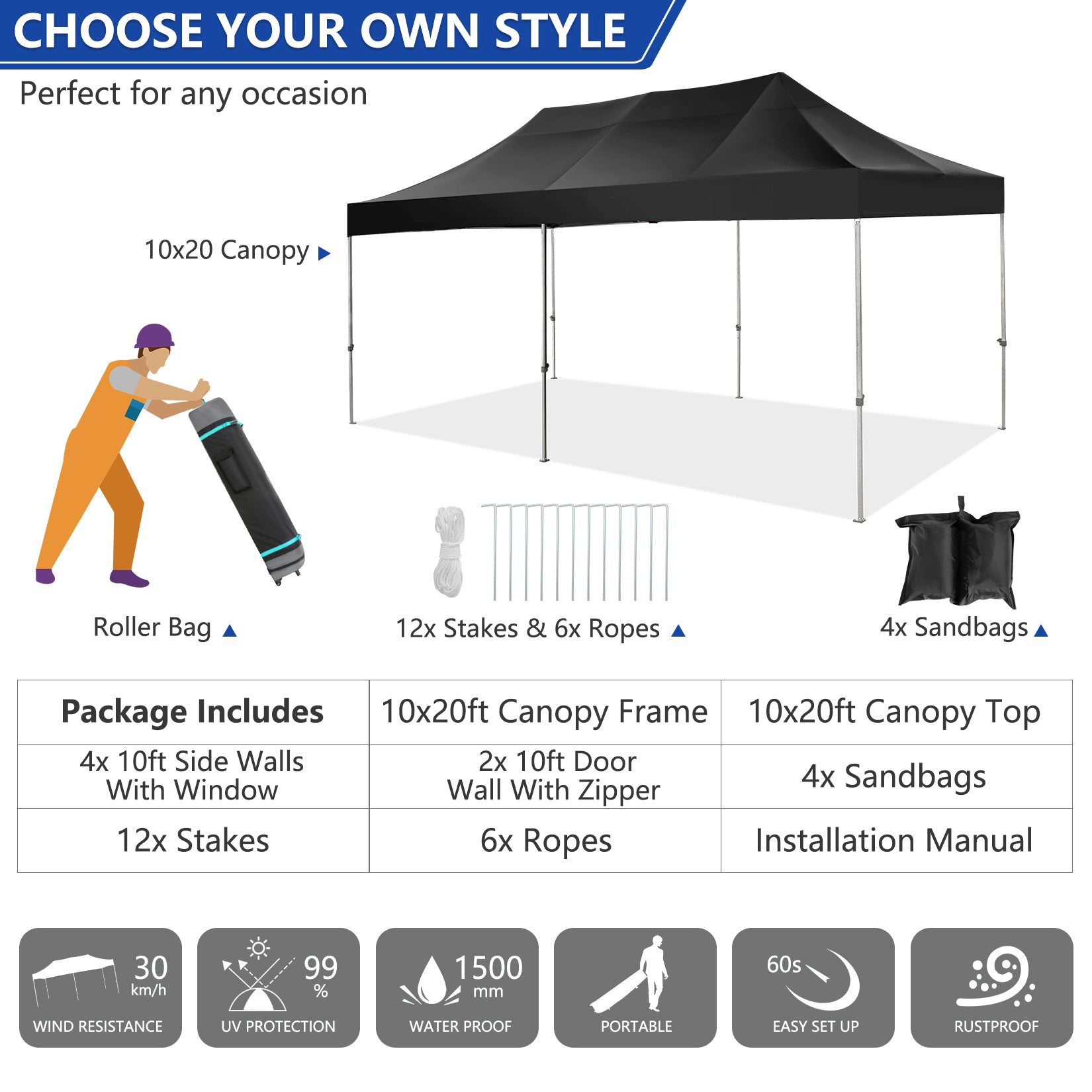 COBIZI 10'x20' Heavy Duty Pop up Canopy EZ Commercial Outdoor Tent Portable Party Wedding Instant Canopy Shelter All Season Anti-UV Waterproof Tent Gazebo with 6 Removable Sidewalls, Roller Bag