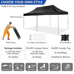 COBIZI 10'x20' Heavy Duty Pop up Canopy EZ Commercial Outdoor Tent Portable Party Wedding Instant Canopy Shelter All Season Anti-UV Waterproof Tent Gazebo with 6 Removable Sidewalls, Roller Bag