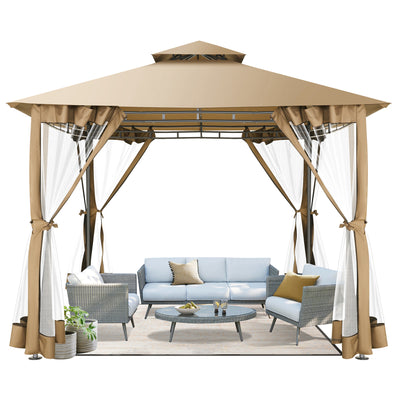 COBIZI 10'x10'Canopy with Mosquito Netting,Shade Tent for Party, Outdoor Activities, Backyard, Patio Lawn & Garden,Brown