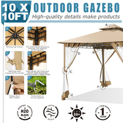 COBIZI Outdoor Gazebo,10'x10'Canopy with Mosquito Netting,Shade Tent for Party, Backyard, Patio Lawn & Garden,Khaki