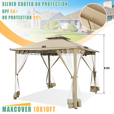 COBIZI Outdoor Gazebo,10'x10'Canopy with Mosquito Netting,Shade Tent for Party, Backyard, Patio Lawn & Garden,Khaki