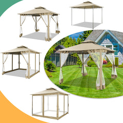 COBIZI Outdoor Gazebo,10'x10'Canopy with Mosquito Netting,Shade Tent for Party, Backyard, Patio Lawn & Garden,Khaki