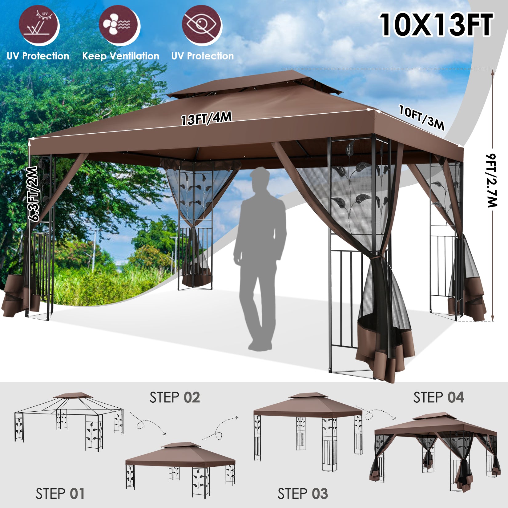 HOTEEL 10'x10' Outdoor Gazebo with Mosquito Nettings, Patio Gazebos Shelter Canopy with Mesh Privacy Curtains, Shade Tent for Party, Backyard, Deck, Patio Lawn & Garden, Gray