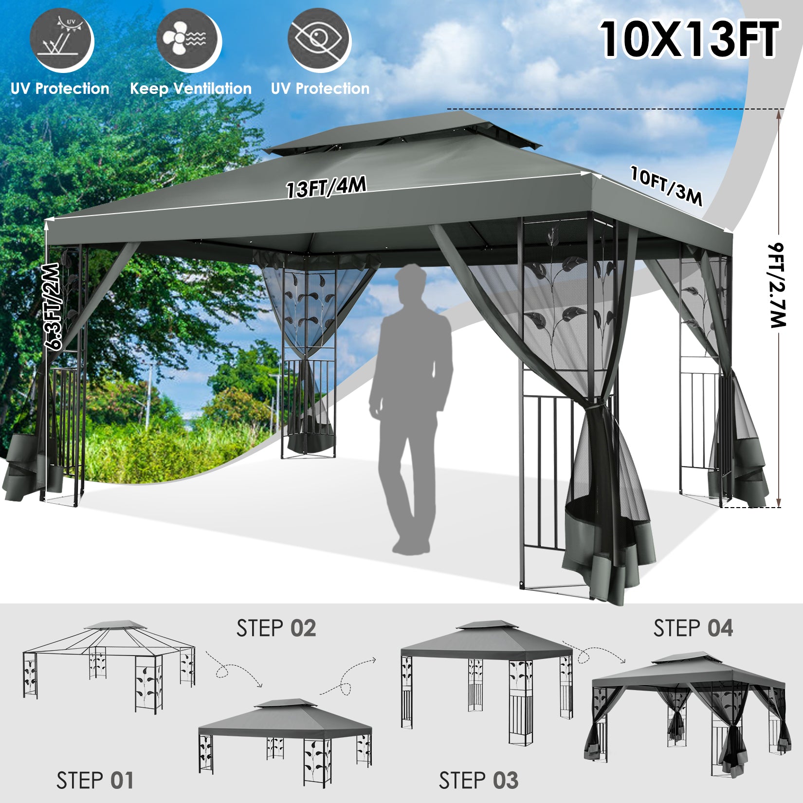 HOTEEL 10'x10' Outdoor Gazebo with Mosquito Nettings, Patio Gazebos Shelter Canopy with Mesh Privacy Curtains, Shade Tent for Party, Backyard, Deck, Patio Lawn & Garden, Gray