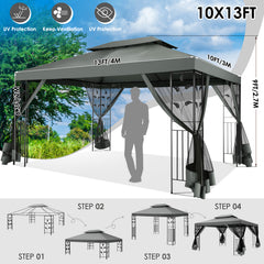 HOTEEL 10'x10' Outdoor Gazebo with Mosquito Nettings, Patio Gazebos Shelter Canopy with Mesh Privacy Curtains, Shade Tent for Party, Backyard, Deck, Patio Lawn & Garden, Gray