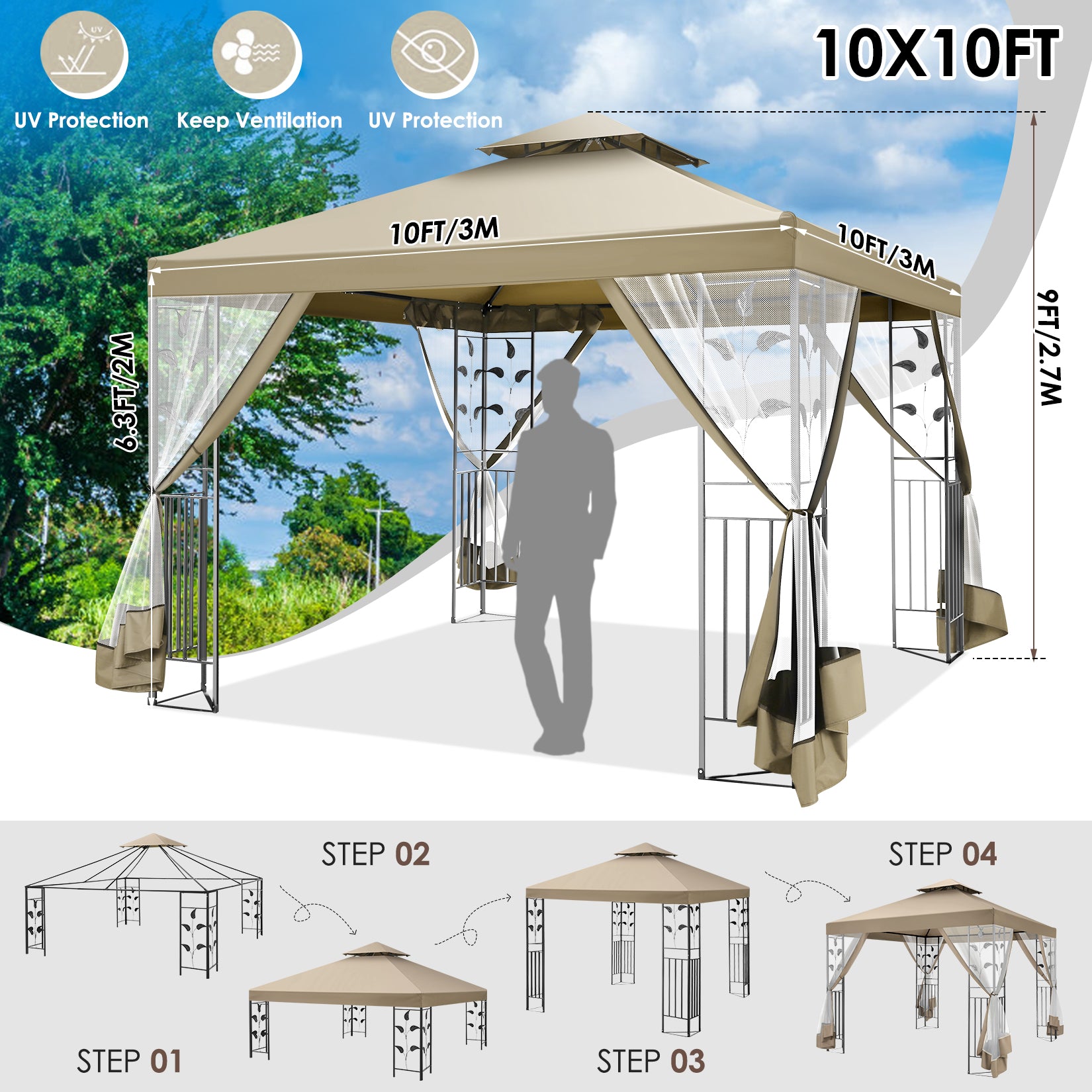 HOTEEL 10'x10' Outdoor Gazebo with Mosquito Nettings, Patio Gazebos Shelter Canopy with Mesh Privacy Curtains, Shade Tent for Party, Backyard, Deck, Patio Lawn & Garden, Gray
