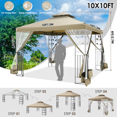 HOTEEL 10'x10' Outdoor Gazebo with Mosquito Nettings, Patio Gazebos Shelter Canopy with Mesh Privacy Curtains, Shade Tent for Party, Backyard, Deck, Patio Lawn & Garden, Gray