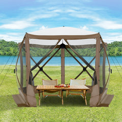Hoteel 12x12ft Camping Gazebo Screen Tent, 6 Sided Pop-up Gazebo with Mesh Windows, Portable Carry Bag, Stakes, Waterproof, UV 50+, Large Shade Tents for Outdoor Camping, Backyard, Brown