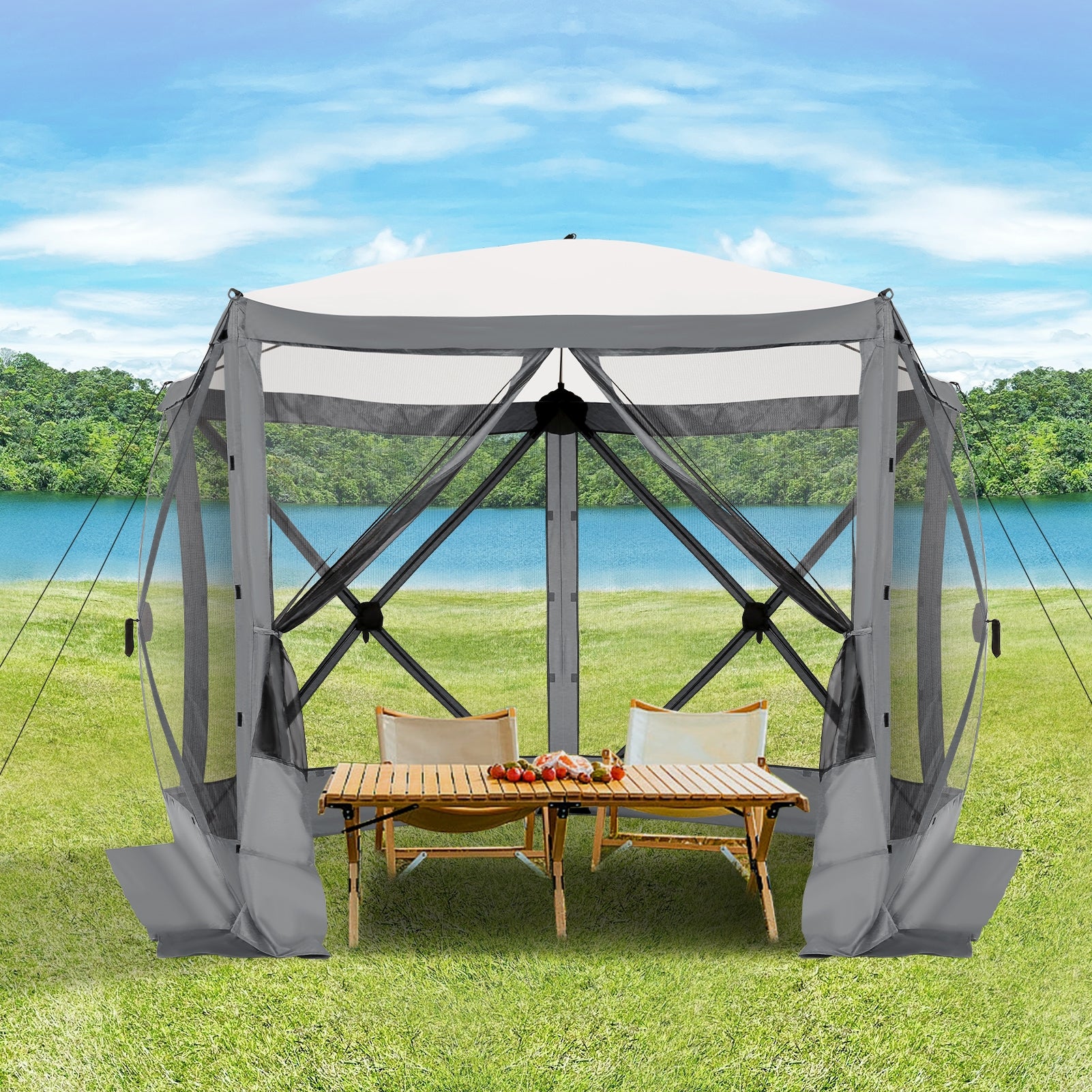 Hoteel 12x12ft Camping Gazebo Screen Tent, 6 Sided Pop-up Gazebo with Mesh Windows, Portable Carry Bag, Stakes, Waterproof, UV 50+, Large Shade Tents for Outdoor Camping, Backyard, Brown