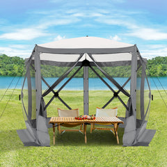 Hoteel 12x12ft Camping Gazebo Screen Tent, 6 Sided Pop-up Gazebo with Mesh Windows, Portable Carry Bag, Stakes, Waterproof, UV 50+, Large Shade Tents for Outdoor Camping, Backyard, Brown