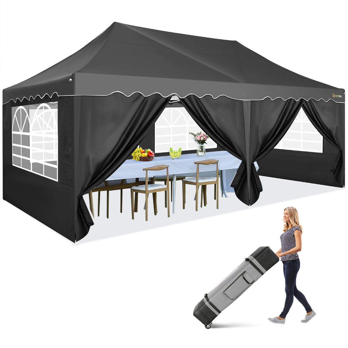 COBIZI 10x20 Pop Up Canopy Tents for Parties, Easy Up Canopy with Sidewalls Waterproof, Event Gazebo Canopy with Wheeled Bag & 4 Sandbags, Outdoor Tent for Patio,Wedding, Backyard, Camping, Black