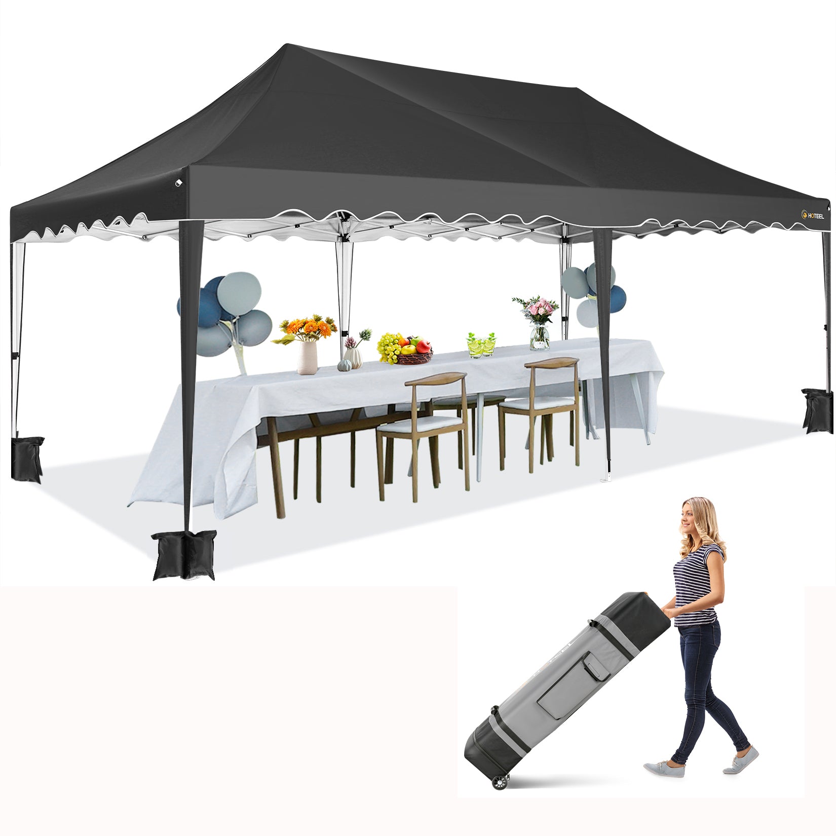 HOTEEL 10x20 Pop Up Canopy Tent for Parties, Outdoor Canopy Tent with Church Windows, Waterproof Easy Up Tent for Backyard with 4 Sandbags & Rolling Bag,Black