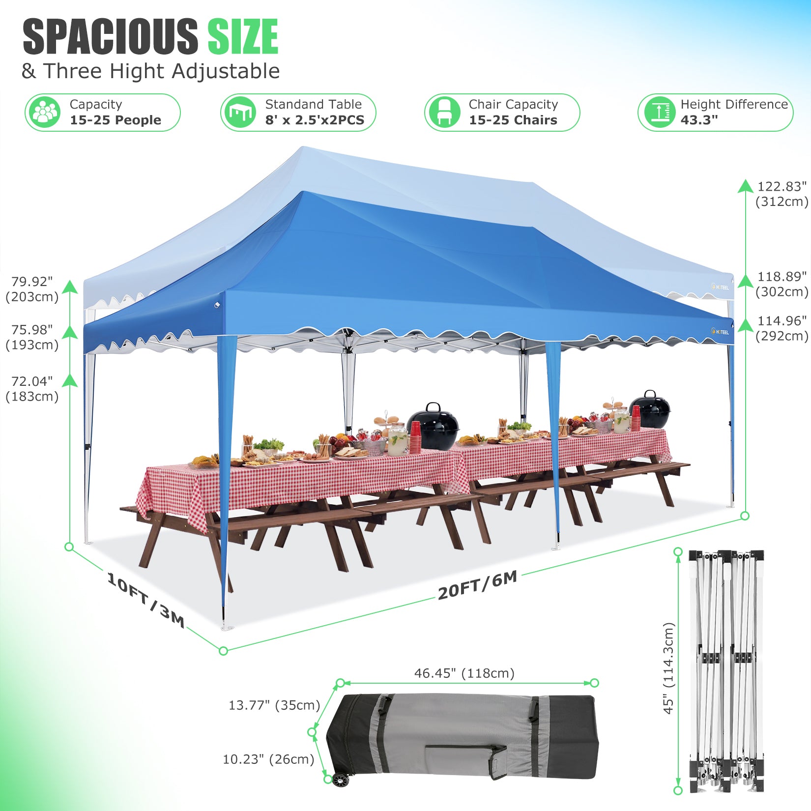 HOTEEL Canopy 10'x20' Pop Up Canopy Tent Heavy Duty Waterproof Adjustable Commercial Instant Canopy Outdoor Party Canopy Parties,Wedding,Outside Patio,Event,Backyard,Blue