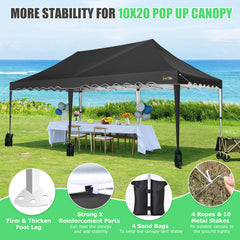 COBIZI 10x20 Pop Up Canopy Tents for Parties, Easy Up Canopy with Sidewalls Waterproof, Event Gazebo Canopy with Wheeled Bag & 4 Sandbags, Outdoor Tent for Patio,Wedding, Backyard, Camping, Black
