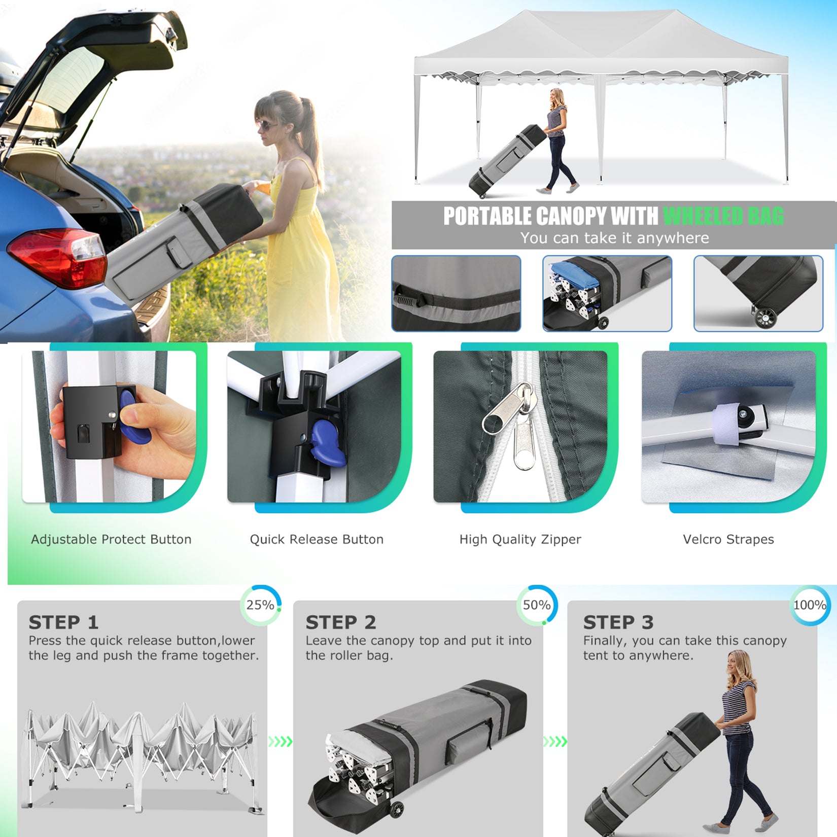 HOTEEL Canopy 10'x20' Pop Up Canopy Tent Heavy Duty Waterproof Adjustable Commercial Instant Canopy Outdoor Party Canopy Parties,Wedding,Outside Patio,Event,Backyard,Blue