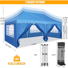 HOTEEL 10‘x20’ Pop up Canopy Tents with Removeble Sidewalls,Outdoor Gazebo with Wheeled Bag & 4 Sandbags,for Patio,Wedding,Backyard,Camping,Parties,Event,Blue
