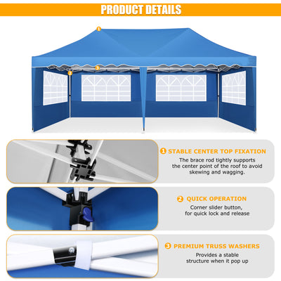 HOTEEL 10¡®x20¡¯ Pop up Canopy Tents with Removeble Sidewalls,Outdoor Gazebo with Wheeled Bag & 4 Sandbags,for Patio,Wedding,Backyard,Camping,Parties,Event,Blue