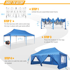 HOTEEL 10‘x20’ Pop up Canopy Tents with Removeble Sidewalls,Outdoor Gazebo with Wheeled Bag & 4 Sandbags,for Patio,Wedding,Backyard,Camping,Parties,Event,Blue