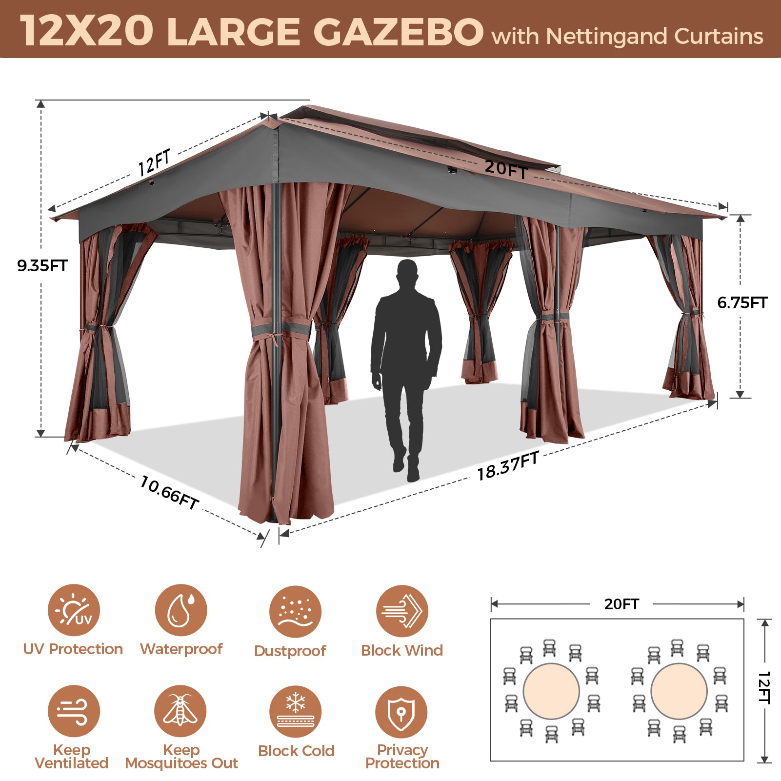 COBIZI Outdoor Gazebo 12x20 Patio Gazebo with Netting and Curtains Waterproof Gazebo with Double Roof Large Backyard Gazebo with Metal Steel Frame for Deck, Backyard, Lawn, Party, Garden, Khaki