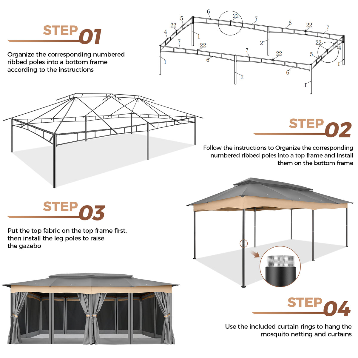 COBIZI 12'x20' Heavy Duty Patios Gazebos with 4 Sidewalls & Double Soft Roof SPC307