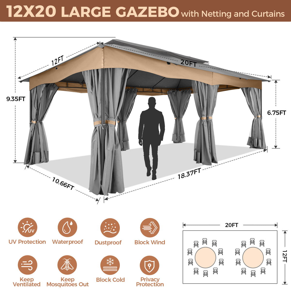 COBIZI 12'x20' Heavy Duty Patios Gazebos with 4 Sidewalls & Double Soft Roof SPC307