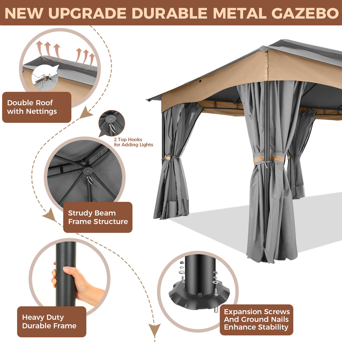 COBIZI 12'x20' Heavy Duty Patios Gazebos with 4 Sidewalls & Double Soft Roof SPC307
