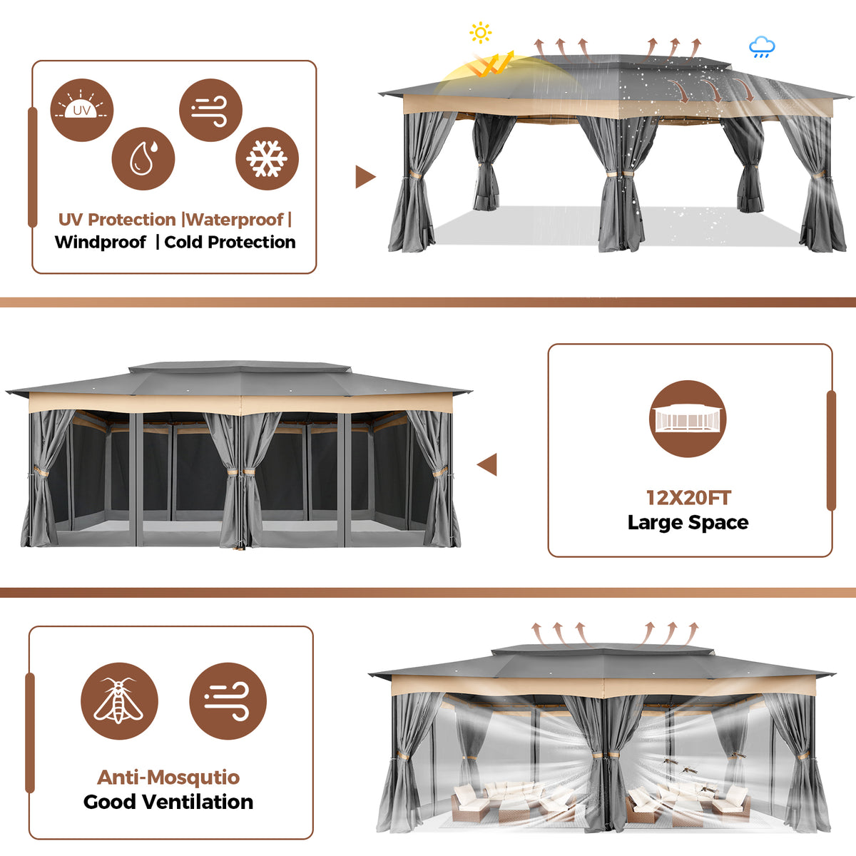 COBIZI 12'x20' Heavy Duty Patios Gazebos with 4 Sidewalls & Double Soft Roof SPC307