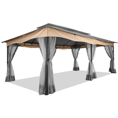 Hoteel 12'x20' Outdoor Gazebo Heavy Duty Gazebo Sun Shade Canopy Tent with 4 Sandbags, Waterproof, Double Tiers & Mesh Netting for Lawn, Garden, Backyard & Deck, Khaki