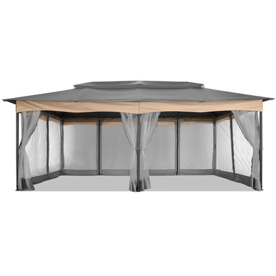Hoteel 12'x20' Outdoor Gazebo Heavy Duty Gazebo Sun Shade Canopy Tent with 4 Sandbags, Waterproof, Double Tiers & Mesh Netting for Lawn, Garden, Backyard & Deck, Khaki