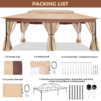 COBIZI Outdoor Gazebo 12x20 Patio Gazebo with Netting and Curtains Waterproof Gazebo with Double Roof Large Backyard Gazebo with Metal Steel Frame for Deck, Backyard, Lawn, Party, Garden, Khaki