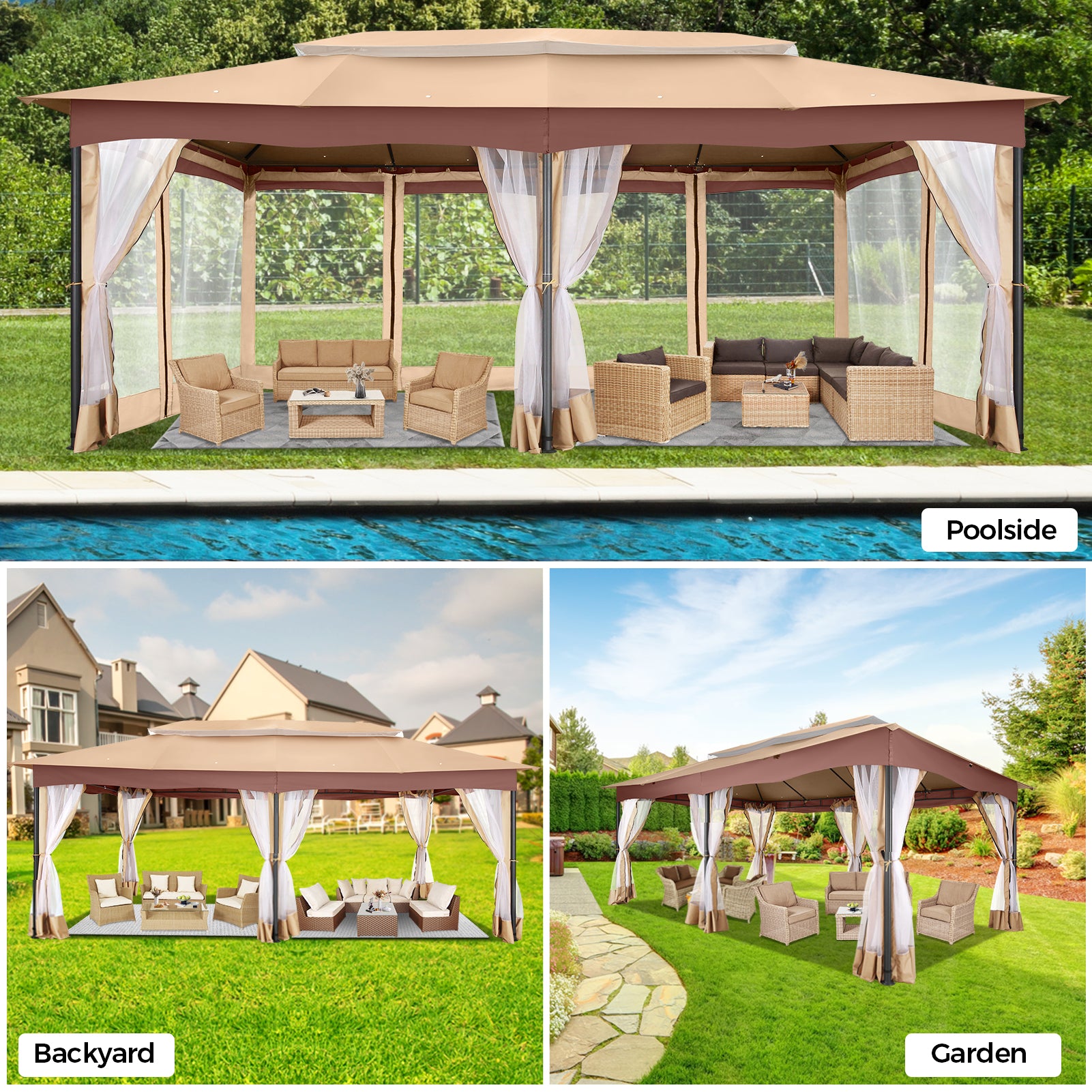 Hoteel 12'x20' Outdoor Gazebo Heavy Duty Gazebo Sun Shade Canopy Tent with 4 Sandbags, Waterproof, Double Tiers & Mesh Netting for Lawn, Garden, Backyard & Deck, Khaki