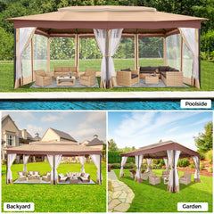 Hoteel 12'x20' Outdoor Gazebo Heavy Duty Gazebo Sun Shade Canopy Tent with 4 Sandbags, Waterproof, Double Tiers & Mesh Netting for Lawn, Garden, Backyard & Deck, Khaki