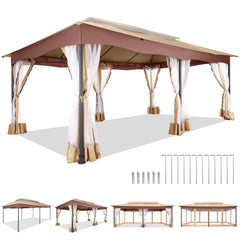 Hoteel 12'x20' Outdoor Gazebo Heavy Duty Gazebo Sun Shade Canopy Tent with 4 Sandbags, Waterproof, Double Tiers & Mesh Netting for Lawn, Garden, Backyard & Deck, Khaki