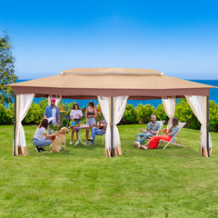 Hoteel 12'x20' Outdoor Gazebo Heavy Duty Gazebo Sun Shade Canopy Tent with 4 Sandbags, Waterproof, Double Tiers & Mesh Netting for Lawn, Garden, Backyard & Deck, Khaki