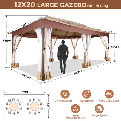 Hoteel 12'x20' Outdoor Gazebo Heavy Duty Gazebo Sun Shade Canopy Tent with 4 Sandbags, Waterproof, Double Tiers & Mesh Netting for Lawn, Garden, Backyard & Deck, Khaki