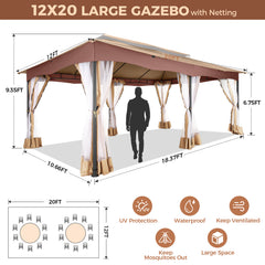 Hoteel 12'x20' Outdoor Gazebo Heavy Duty Gazebo Sun Shade Canopy Tent with 4 Sandbags, Waterproof, Double Tiers & Mesh Netting for Lawn, Garden, Backyard & Deck, Khaki