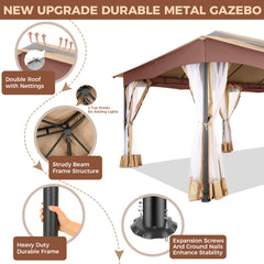 Hoteel 12'x20' Outdoor Gazebo Heavy Duty Gazebo Sun Shade Canopy Tent with 4 Sandbags, Waterproof, Double Tiers & Mesh Netting for Lawn, Garden, Backyard & Deck, Khaki